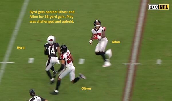 Cardinals receiver Damiere Byrd getting open deep on cornerback Isaiah Oliver and free safety Ricardo Allen. (Screen grab from gamepass.nfl.com Fox Broadcast)