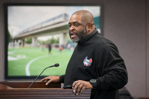 Britt Dunams, president of the ATU Local 732, asks the MARTA board of directors for safety changes following the shooting of bus driver Leroy Ramos during a public comment portion at the transit agency's headquarters on Thursday, Jan. 9, 2025, in Atlanta. Ramos was killed at the Decatur bus station on Swanton Way around 6:30 p.m. on Friday, Jan. 3. The authority has said he was shot during a dispute over the $2.50 fare. (Jason Getz/AJC)
