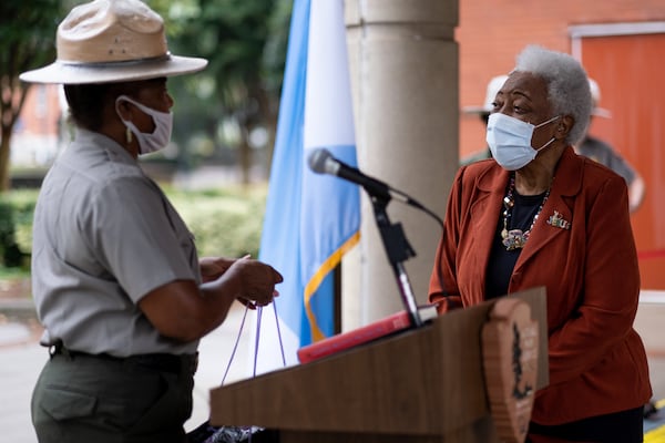 201010-Atlanta- Judy Forte, superintendent of the Martin Luther King Jr. National Historic Park in Atlanta, introduces Naomi King, who joined the King family when she married Martin’s brother, A.D. Williams King, (Photo: Ben Gray for The Atlanta Journal-Constitution)