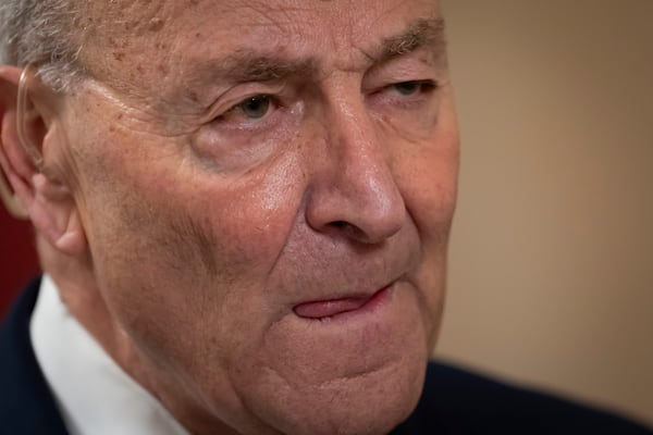 Senate Democratic Leader Chuck Schumer gives a television interview at the Capitol in Washington, Friday, March 14, 2025. (AP Photo/Ben Curtis)