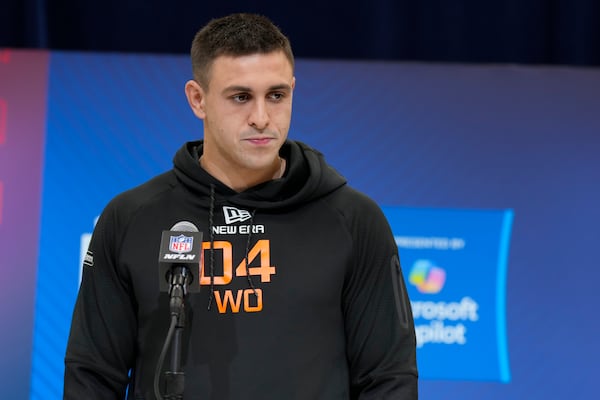 TCU wide receiver Jack Bech speaks during a press conference at the NFL football scouting combine Friday, Feb. 28, 2025, in Indianapolis. (AP Photo/George Walker IV)