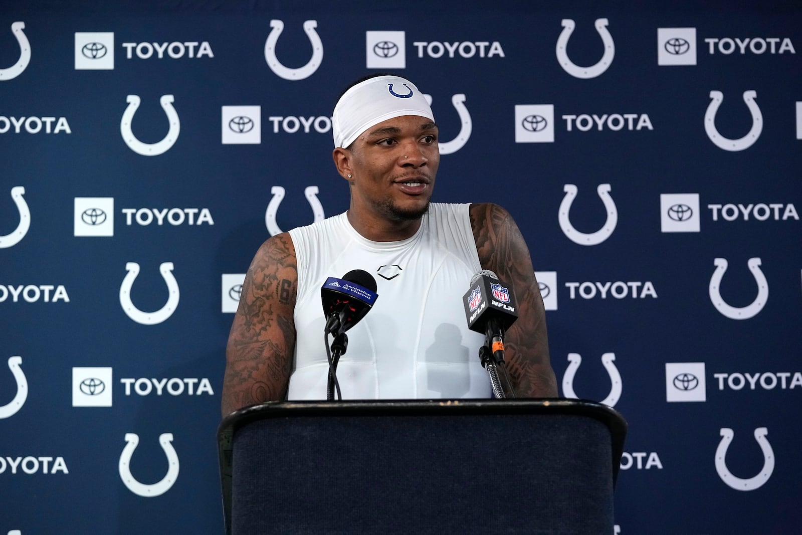 Indianapolis Colts quarterback Anthony Richardson speaks during a news conference after an NFL football game against the Houston Texans, Sunday, Oct. 27, 2024, in Houston. The Texans won 23-20. (AP Photo/Tony Gutierrez)