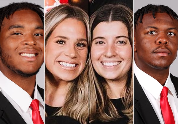 UGA offensive linemen Devon Willock, from left, UGA recruiting analyst Chandler LeCroy, recruiting staffmember Tory Bowles and offensive linemen Warren McClendon were involved in an accident Jan. 15, 2023. Willock and LeCroy were killed. Bowles suffered serious injuries and McClendon had minor injuries.