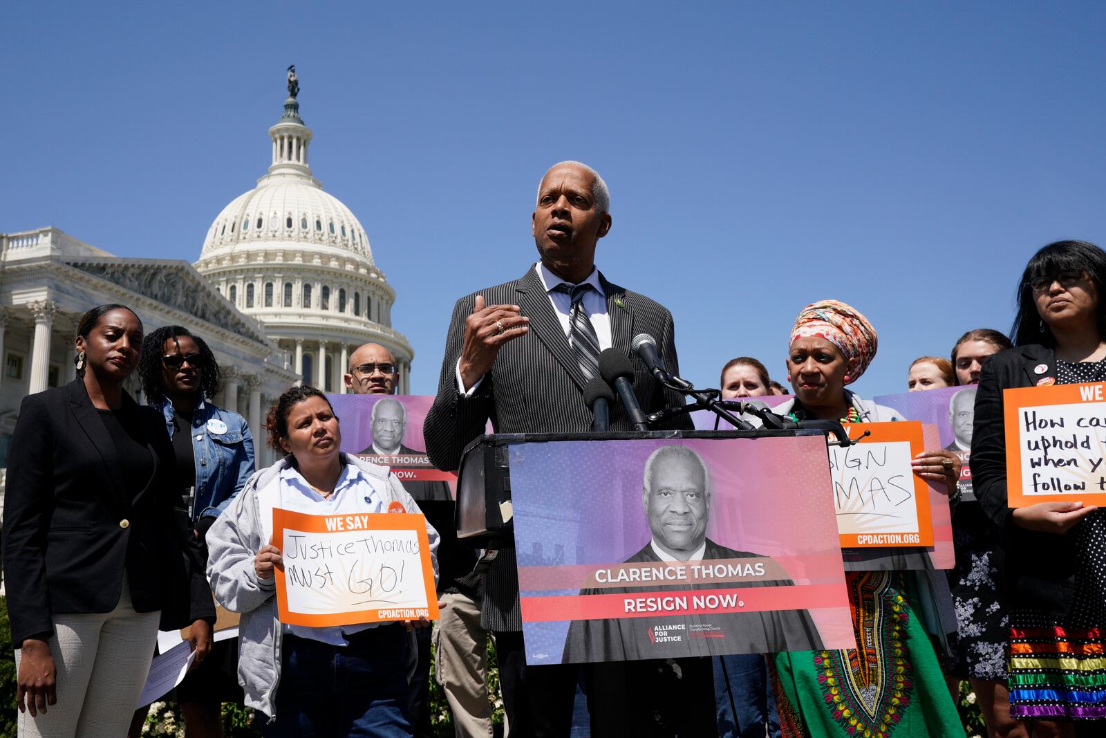 U.S. Rep. Hank Johnson, D-Lithonia, speaks during a news conference on Capitol Hill to call on Supreme Court Justice Clarence Thomas to resign on April 19, 2023. Johnson is pushing for passage of an accountability standard through the Supreme Court Ethics, Recusal and Transparency Act. (Yuri Gripas/Abaca Press/TNS)