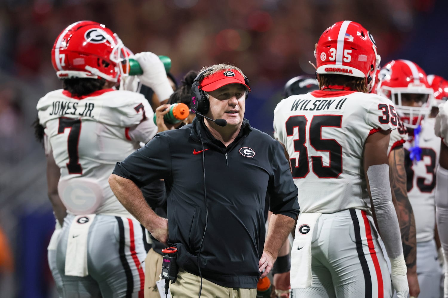 Georgia Bulldogs head coach Kirby Smart reacts against the Alabama Crimson Tide during the second half of the SEC Championship football game at the Mercedes-Benz Stadium in Atlanta, on Saturday, December 2, 2023. (Jason Getz / Jason.Getz@ajc.com)