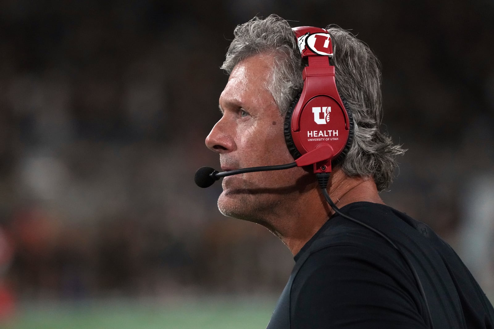 Utah head coach Kyle Whittingham watches the clock in the second half during an NCAA college football game against Arizona State, Friday, Oct. 11, 2024, in Tempe, Ariz. Arizona State won 27-19. (AP Photo/Rick Scuteri)