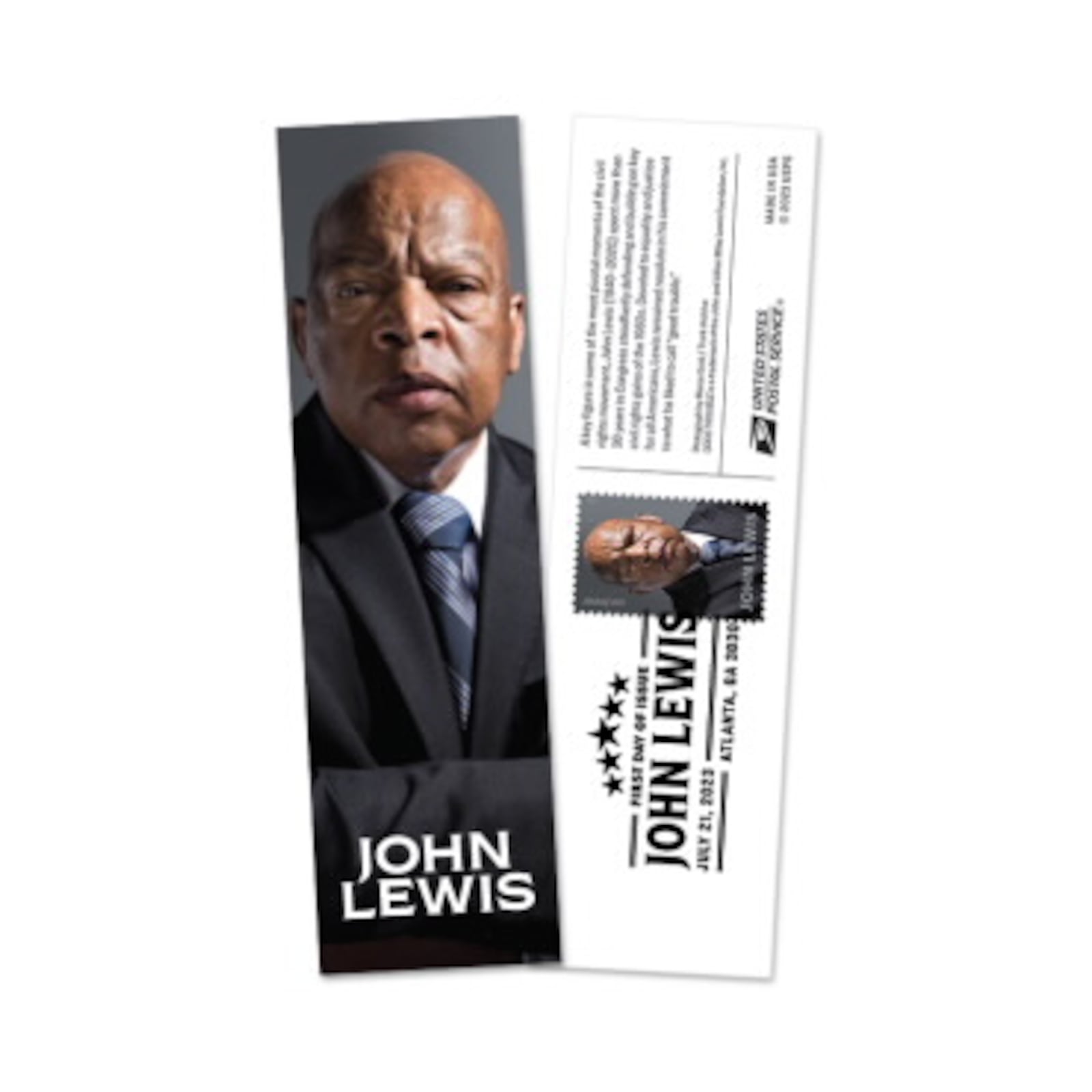 Detail of a bookmark based on the new John Lewis postage stamp from USPS.com. 