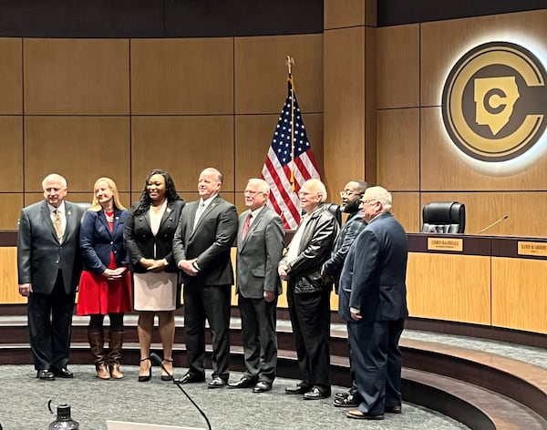 The Cobb County Board of Education welcomed new members Becky Sayler (second from left) and Nichelle Davis (third from left) at its first meeting of 2023 on Thursday, Jan. 5. (Cassidy Alexander / Cassidy.Alexander@ajc.com)