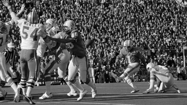 The Miami Dolphins' Garo Yepremian follows through on a field goal during the first half of Super Bowl VI against the Dallas Cowboys in New Orleans.