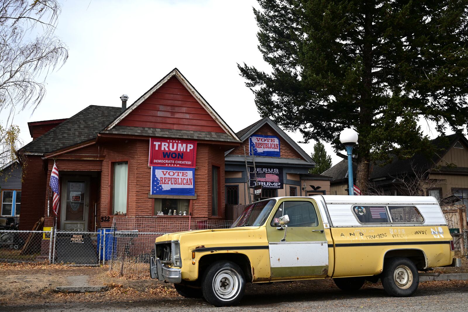 A home decorated to support Republican presidential nominee former President Donald Trump in Anaconda, Mont., on Election Day, Tuesday, Nov. 5, 2024. (AP Photo/Tommy Martino)