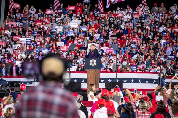 President Donald Trump, shown speaking earlier this month at Middle Georgia Regional Airport in Macon, will return to Georgia for one last rally before Election Day in a state crucial to his reelection.  (Alyssa Pointer / Alyssa.Pointer@ajc.com)