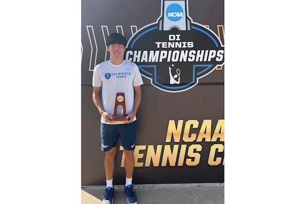 NCAA Men’s Singles Champion Columbia University's Michael Zheng poses for a photo Sunday, Nov. 24, 2024, in Waco, Texas. (Greg Sharko via AP)