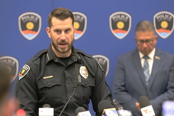 Las Cruces Police Chief Jeremey Story speaks at a news conference on March 22, 2025 a day after a mass shooting at Young Park in Las Cruces, N.M. (Justin Garcia/The Albuquerque Journal via AP)