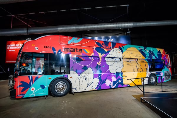 The exhibit includes a MARTA bus decorated inside and out by Sanithna Phansavanh. Photo: Courtesy of Science Gallery Atlanta