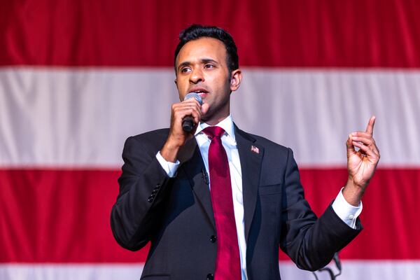 Republican presidential candidate Vivek Ramaswamy speaks at the Georgia GOP convention in Columbus on Friday, June 9, 2023. (Arvin Temkar/The Atlanta Journal-Constitution)