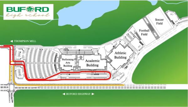 Parents are asked to use entrances at Buford Highway or Thompson Mill Road to pick up and drop off students. The red and yellow lines show the route to pass by the front of the school and loop back to the street you initially access. COURTESY BUFORD CITY SCHOOLS