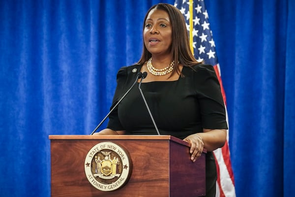 FILE - New York Attorney General Letitia James speaks Feb. 16, 2024, in New York. (AP Photo/Bebeto Matthews, File)