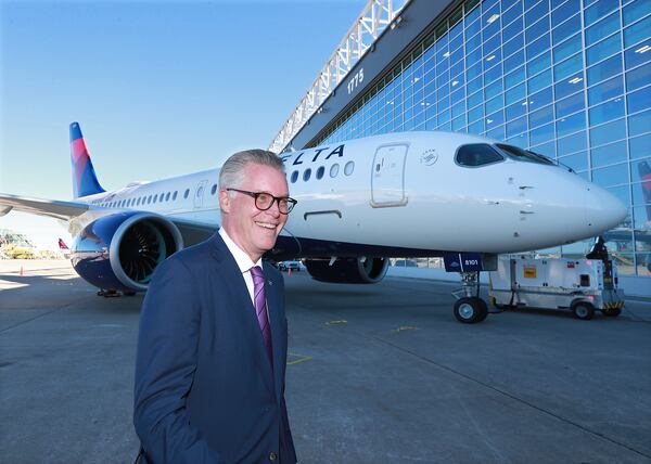 October 29, 2018 Atlanta: Delta CEO Ed Bastian arrives to unveil the new A220 aircraft while celebrating the 10-year anniversary of merging with Northwest at the Delta Air Lines TechOps on Monday, Oct 29, 2018, in Atlanta. The aircraft features 109 seats total, including seating for 12 in First Class, 15 in Delta Comfort, plus 82 in the main cabin. Innovations include high-capcity overhead bins, extra-large windows and full-spectrum LED ambient lighting.  Curtis Compton/ccompton@ajc.com