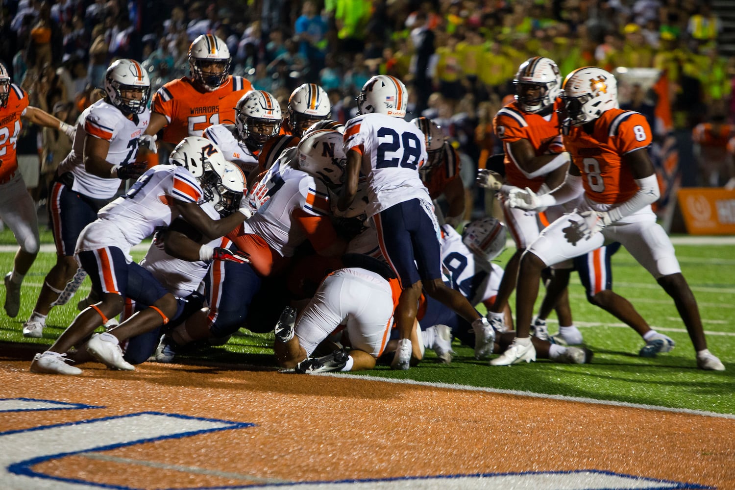 The North Cobb warriors are stopped short of the touchdown during overtime in the North Cobb vs. Northside high school football game on Friday, September 16, 2022, in Kennesaw, Georgia. Northside defeated North Cobb 20-17. CHRISTINA MATACOTTA FOR THE ATLANTA JOURNAL-CONSTITUTION.