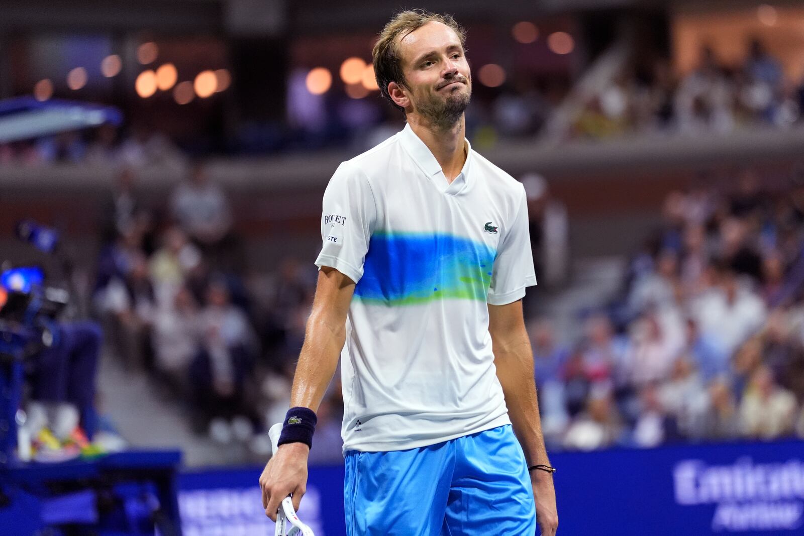 Daniil Medvedev, of Russia, reacts after losing a point to Jannik Sinner, of Italy, during the quarterfinals of the U.S. Open tennis championships, Wednesday, Sept. 4, 2024, in New York. (AP Photo/Eduardo Munoz Alvarez)