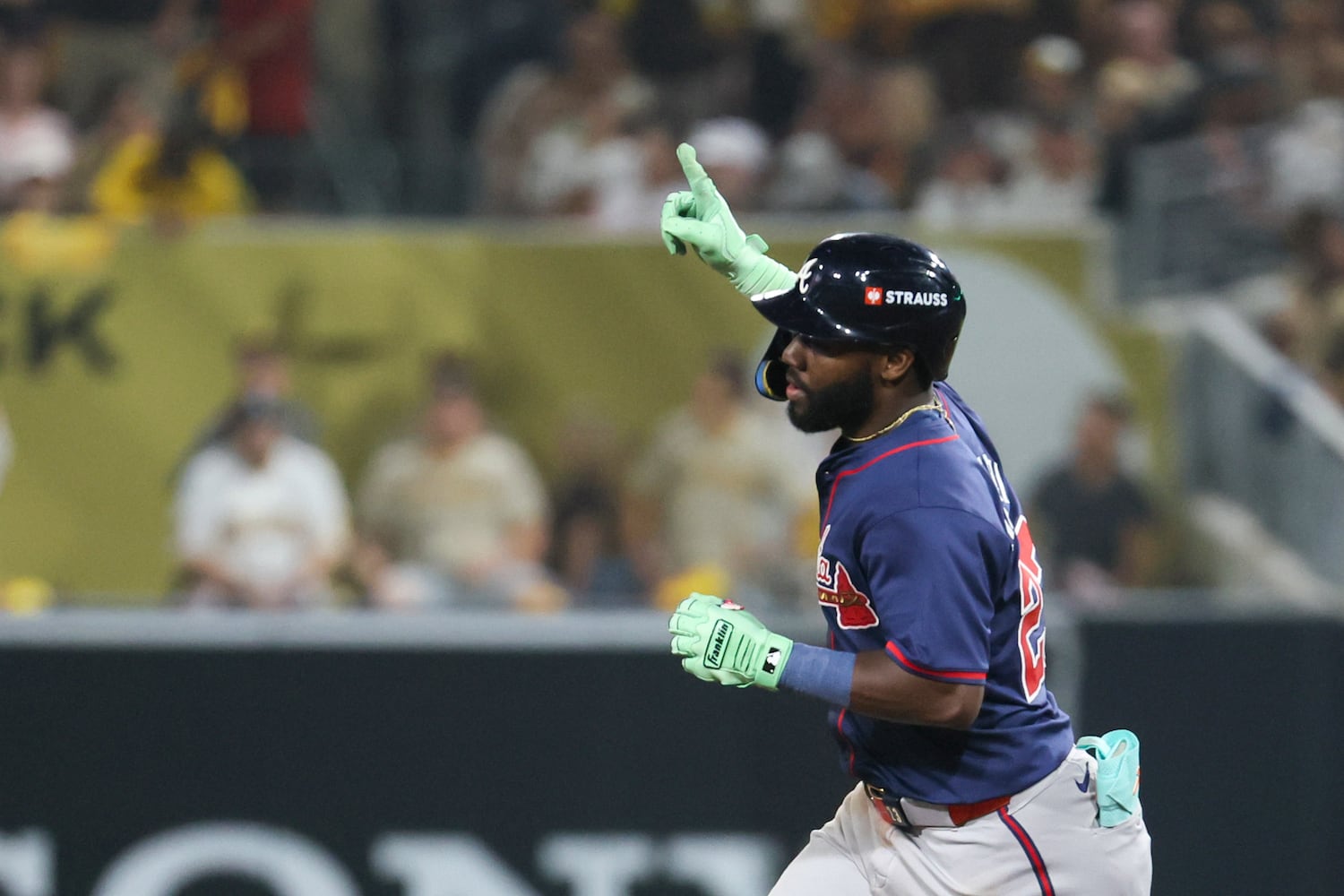 Atlanta Braves’ Michael Harris rounds the bases after a 2-RBI home run against the San Diego Padres during the eighth inning of National League Division Series Wild Card Game Two at Petco Park in San Diego on Wednesday, Oct. 2, 2024.   (Jason Getz / Jason.Getz@ajc.com)