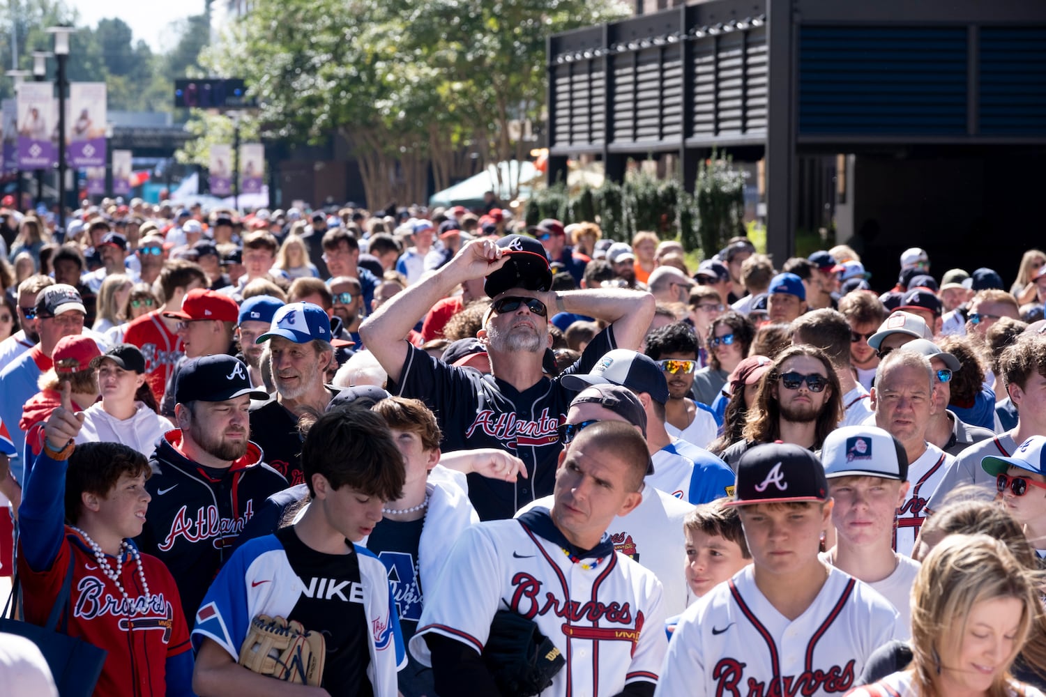 Braves fans line up and wait for the gates to Truist Park to open for game one of the National League Division Series in Atlanta on Saturday, Oct. 7, 2023. (Ben Gray / Ben@BenGray.com)