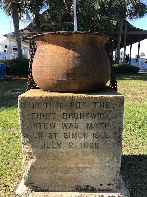 An historical marker in Brunswick claims the first Brunswick stew was made in the Georgia coastal city in 1898. (Ligaya Figueras/AJC)