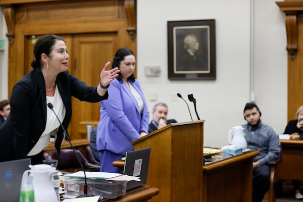 Prosecutor Sheila Ross responds to Judge H. Patrick Haggard during Monday's trial of Jose Ibarra at Athens-Clarke County Superior Court, Monday. Jose Ibarra is accused of killing of Laken Hope Riley, whose body was found on the University of Georgia campus in February.