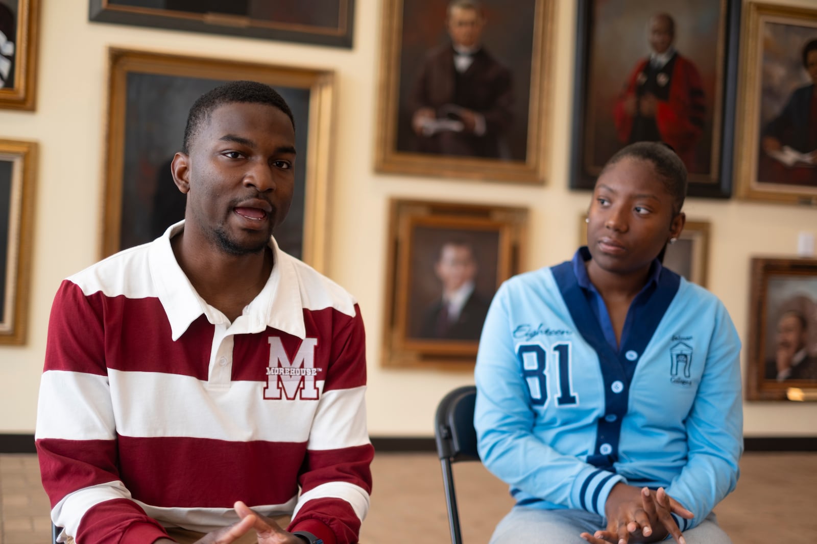 Johnny Simmons (left), a junior at Morehouse College, and Makhi Frempong, a junior at Spelman College, sit in the African American Hall of Fame and talk about their feelings the morning after Kamala Harris did not win the presidential election. “I don’t think this would be the last time we see a female on the ballot. Nor do I think this would be the last time we see a graduate from the HBCU,” Simmons said. “I firmly believe that we’re heading in the right direction. We just need to keep the momentum going. The momentum cannot die down because we did not get the results we wanted in this election. We have to go back to the drawing board.” (Ben Gray for the AJC)