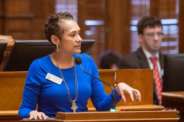 State Rep. Shelly Hutchinson, D-Snellville, speaks Tuesday in the Georgia House about House Bill 1127, which would regulate hemp products. (Arvin Temkar / arvin.temkar@ajc.com)