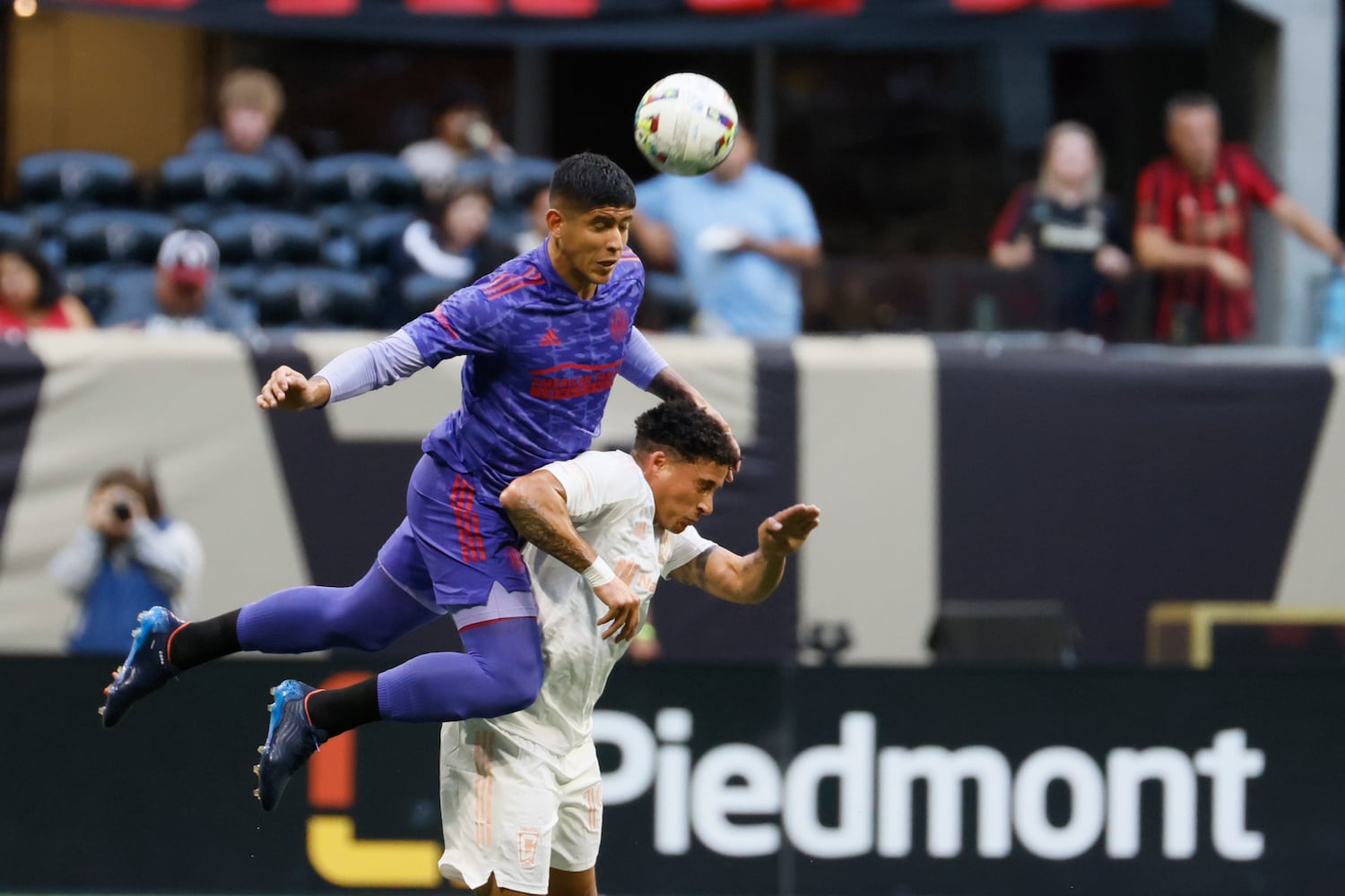 Atlanta United defender Alan Franco (6) battles for the ball against Columbus Crew Erik Hurtado (19) during the first half of an MLS soccer match at Mercedes-Benz Stadium on Saturday, May 28, 2022. Miguel Martinez / miguel.martinezjimenez@ajc.com