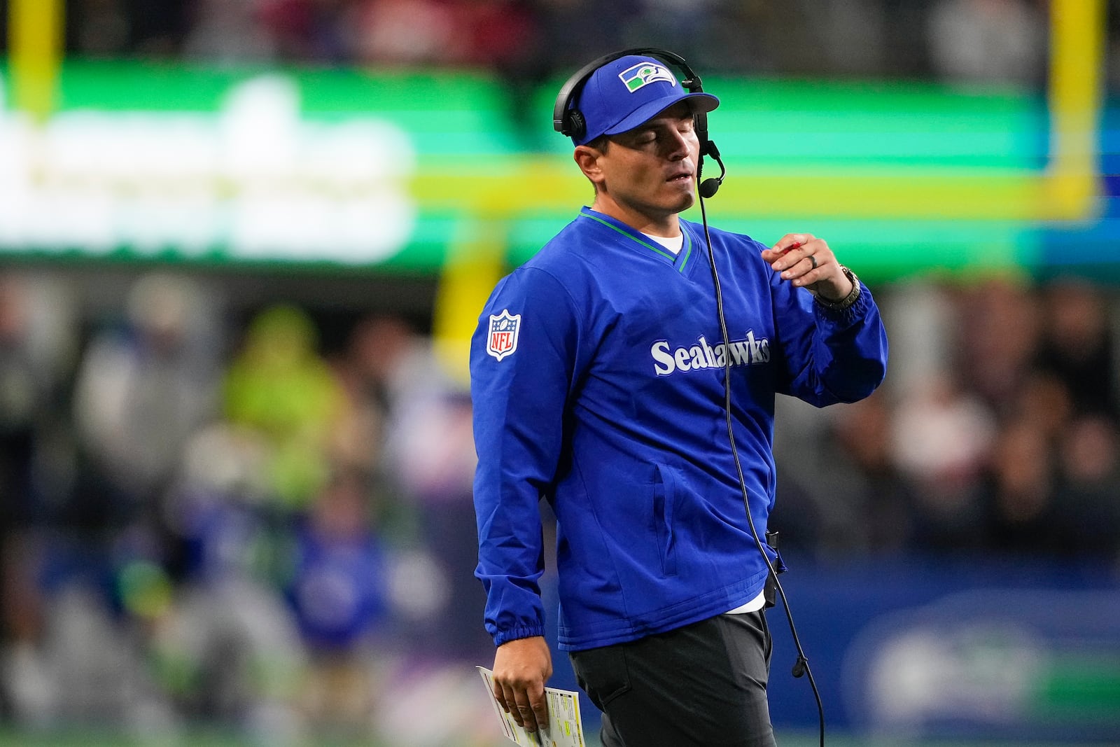 Seattle Seahawks head coach Mike Macdonald reacts during the second half of an NFL football game against the San Francisco 49ers, Thursday, Oct. 10, 2024 in Seattle. (AP Photo/Lindsey Wasson)