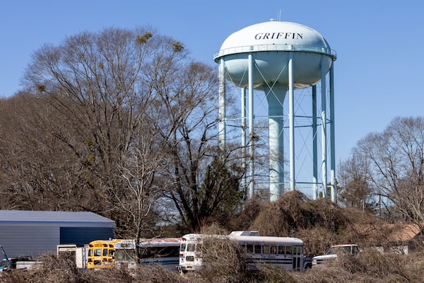 A view of the Griffin water tower in Griffin on Monday, February 19, 2024. (Arvin Temkar / arvin.temkar@ajc.com)