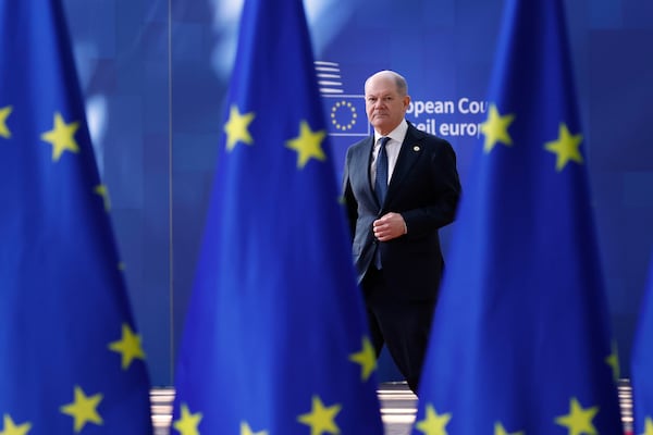 Germany's Chancellor Olaf Scholz arrives for an EU Summit at the European Council building in Brussels, Thursday, March 6, 2025. (AP Photo/Omar Havana)