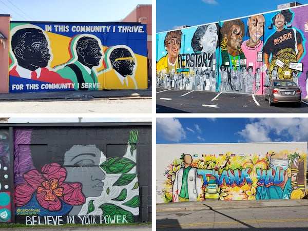 The artists’ unique styles are evident in these murals by (clockwise from upper left) Neka King, Ashley Dopson, Joseph McKinney and Courtney Brooks.