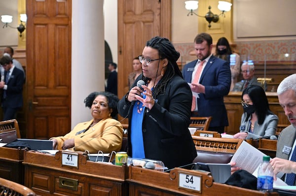 February 24, 2022 Atlanta - Sen. Kim Jackson (D-Stone Mountain) speaks in opposition of SB-435 in the Senate Chambers at the Georgia State Capitol on Thursday, February 24, 2022. Senate Bill 435 would ban schools from allowing transgender girls from participating in sports that align with their gender identity. SB-435 passed in the Senate Chambers. (Hyosub Shin / Hyosub.Shin@ajc.com)