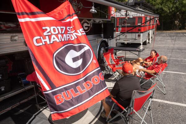 Georgia fans are all set up in their RVs near  Mercedes Benz Stadium in preparation for Saturday's UGA Chick-fil-A kickoff game at Mercedes Benz Friday, Sep.  2, 2022..  Steve Schaefer/steve.schaefer@ajc.com)
