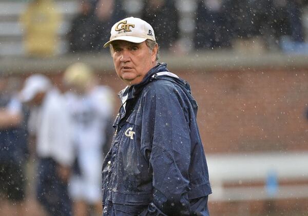 Paul Johnson enjoys another rainy spring game. (Hyosub Shin/AJC photo)