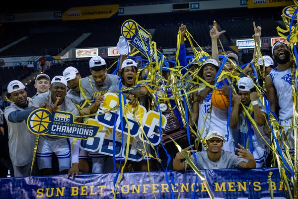 Georgia State players celebrate after winning the Sun Belt Tournament on Monday night in Pensacola, Fla. (AJ Henderson / Sun Belt Conference)
