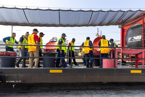 First responders participate in a training at Norfolk Southern’s East Point rail yard on Tuesday, June 6, 2023. (Arvin Temkar / arvin.temkar@ajc.com)