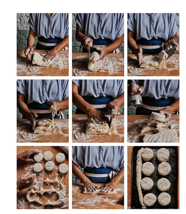 These photos break down folding and cutting the Bomb Buttermilk Biscuit. (Courtesy of Andrew Thomas Lee)