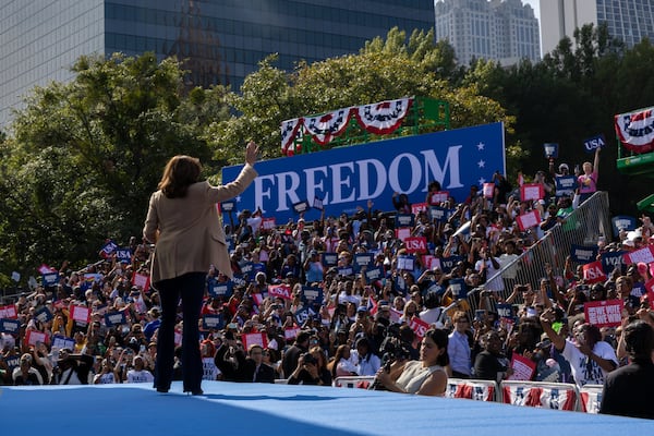 Democratic presidential candidate Kamala Harris walks out at her campaign rally at the Atlanta Civic Center parking lot in Atlanta on Saturday, November 2, 2024. (Arvin Temkar / AJC)