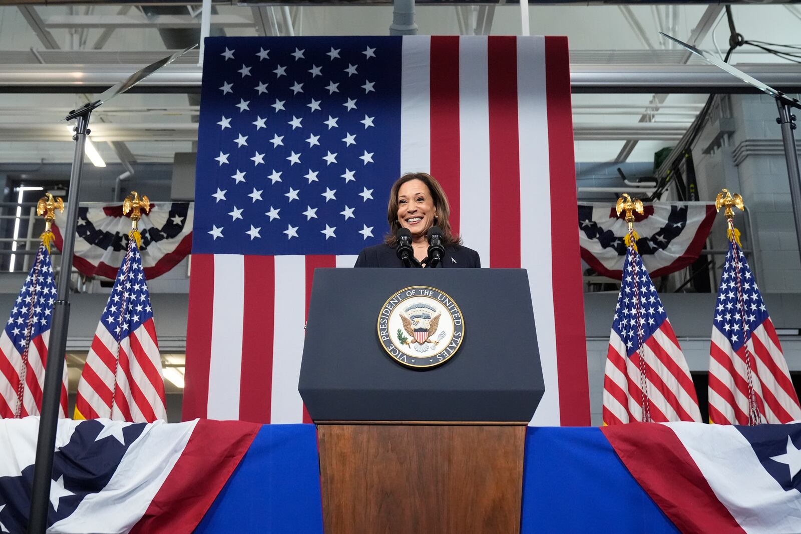 Democratic presidential nominee Vice President Kamala Harris speaks during an event at the Redford Township Fire Department North Station in Redford Township, Mich., Friday, Oct. 4, 2024. (AP Photo/Mark Schiefelbein)