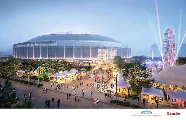 In this artist rendering provided by the Astrodome Conservancy, shows some of the proposed mixed use spaces, supplied by Gensler Architects, for renovations of the now dormant Astrodome unveiled during a press conference put on by the Astrodome Conservancy held at The Ion Wednesday, Nov. 13, 2024, in Houston. (Astrodome Conservancy via AP)