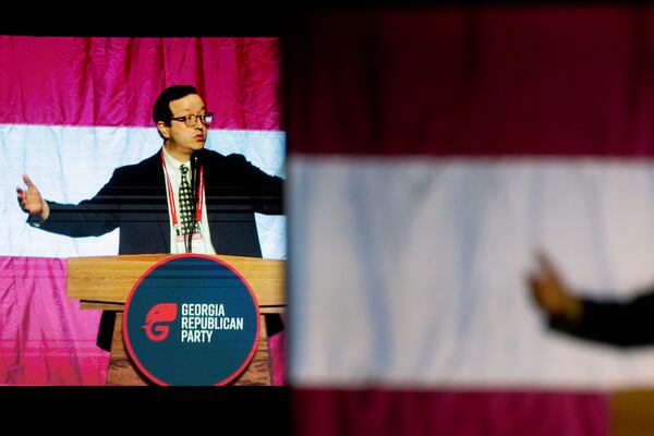 Georgia’s Republican Party chairman Joshua McKoon speaks at the Georgia GOP Convention at the Columbus Convention & Trade Center in Columbus on Friday, May 17, 2024. (Arvin Temkar / AJC)