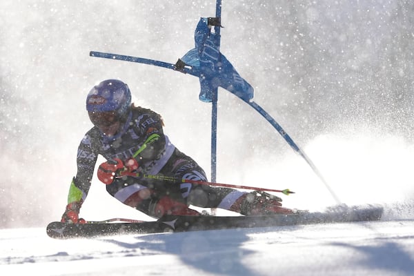 Mikaela Shiffrin, of the United States, competes during a women's World Cup giant slalom skiing race, Saturday, Nov. 30, 2024, in Killington, Vt. (AP Photo/Robert F. Bukaty)