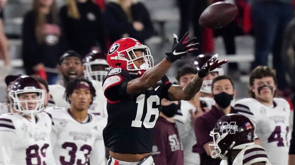 Georgia wide receiver Demetris Robertson (16) makes a catch during the second half against Mississippi State, Saturday, Nov. 21, 2020, in Athens. (Brynn Anderson/AP)