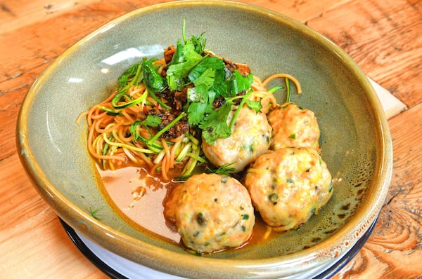 Sopa Seca Bowl, with shrimp and chicken meatballs, toasted pasta, dried shrimp-guajillo broth, peanuts and eggplant salsa molcajete. CONTRIBUTED BY CHRIS HUNT PHOTOGRAPHY