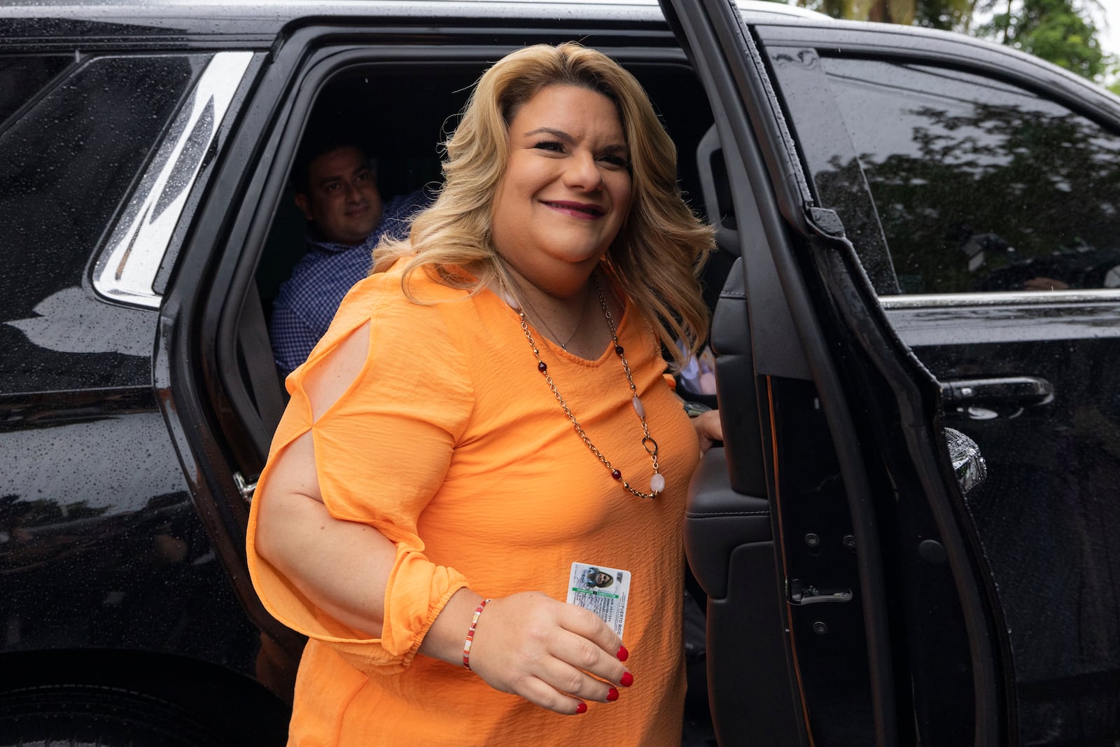 Jenniffer González, Puerto Rico's New Progressive Party candidate for Governor, arrives to vote in the general elections in San Juan, Puerto Rico, Tuesday, Nov. 5, 2024. (AP Photo/Alejandro Granadillo)