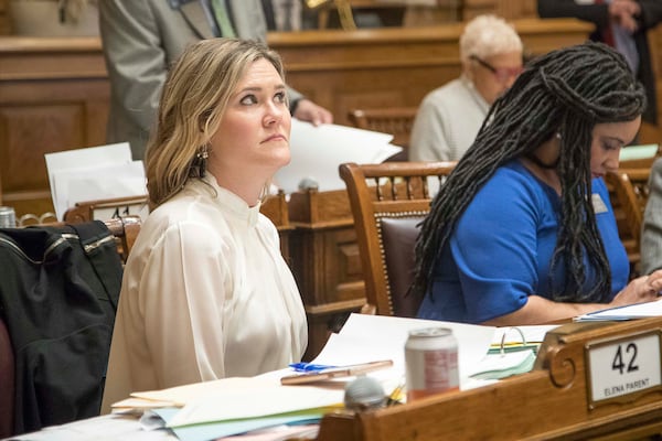 Georgia Sen. Elena Parent, D-Atlanta, reacts as the Senate's session is suspended because of concerns about the coronavirus on March 12, 2020, the Georgia Legislature's "Crossover Day," (ALYSSA POINTER/ALYSSA.POINTER@AJC.COM)